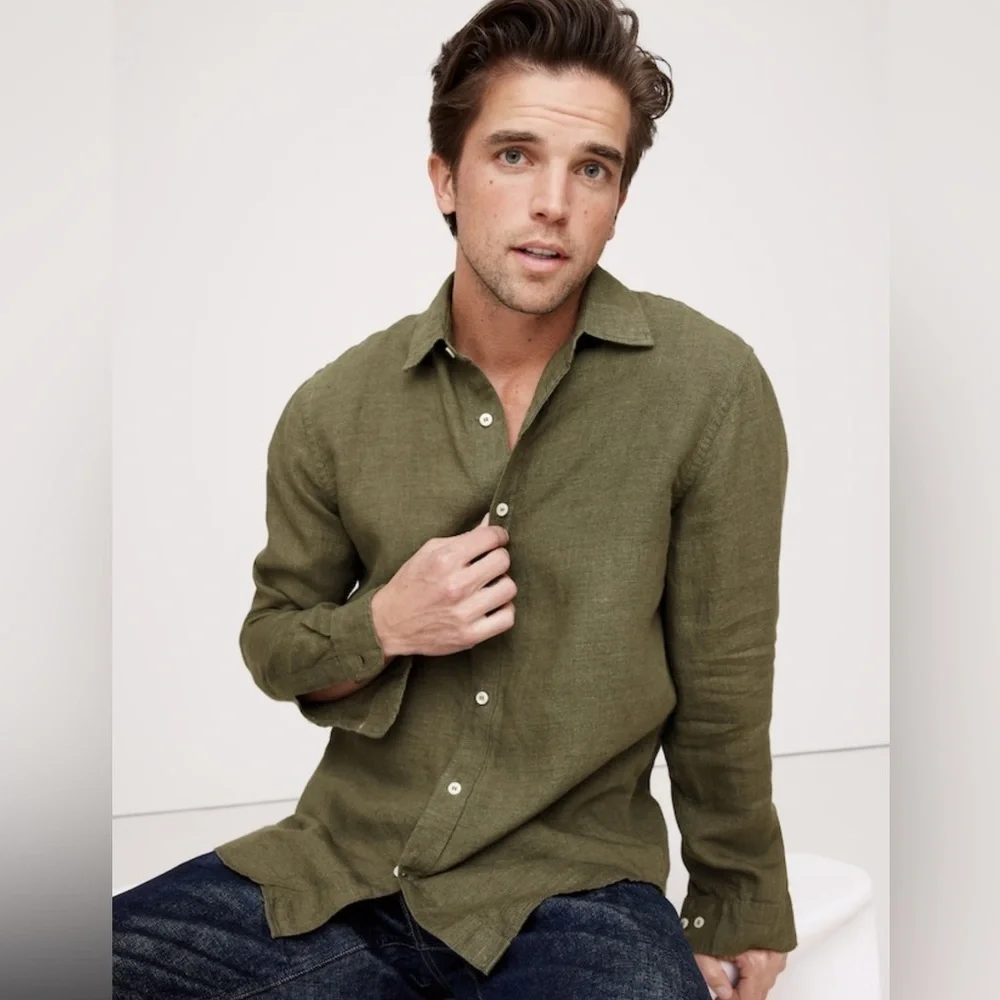 NEW Banana Republic Standard Fit Olive Green Linen Shirt Sz XL/Tall (#762184)